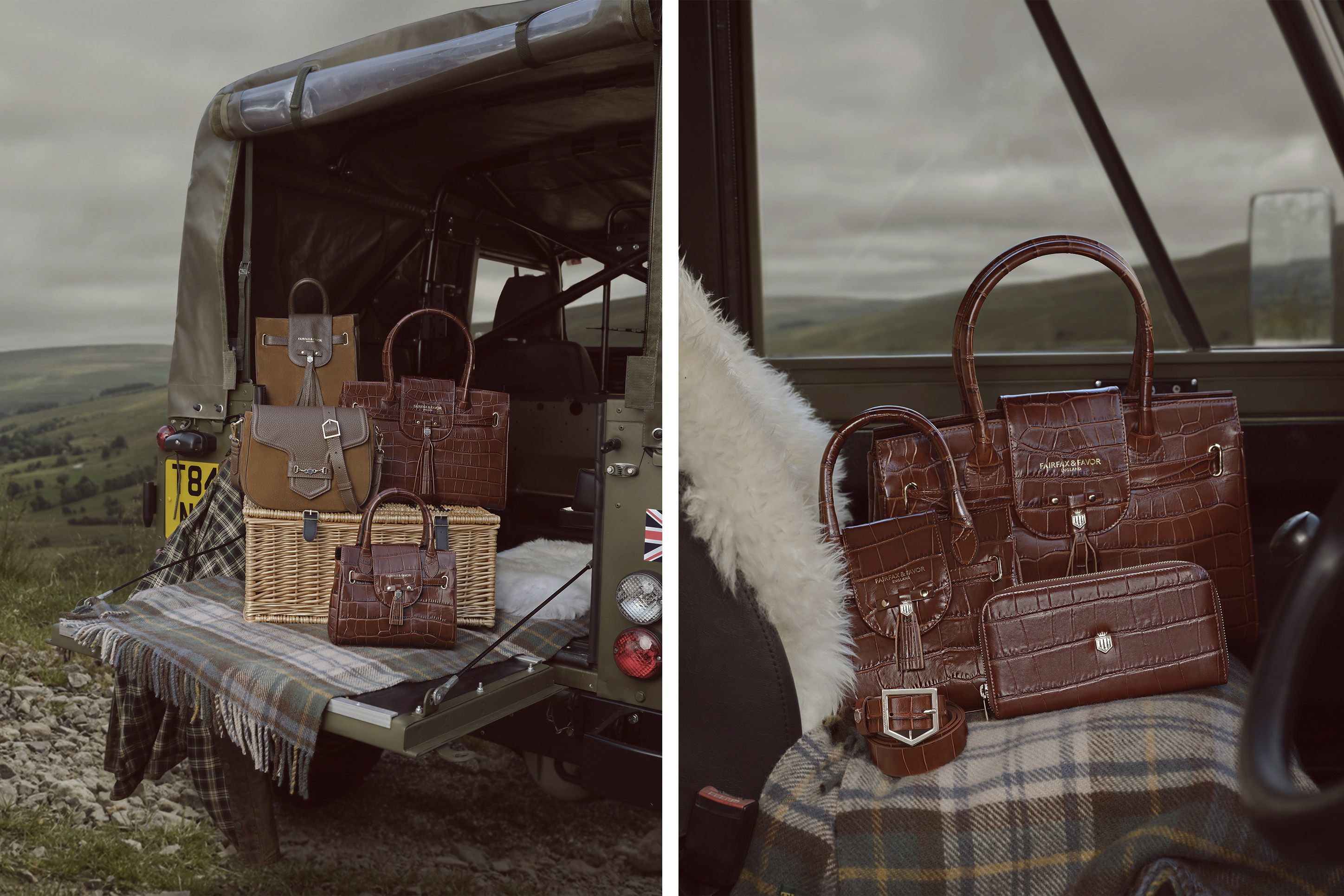 Fairfax & favour handbags in a land rover in Location Photo shoot in Norfolk countryside England